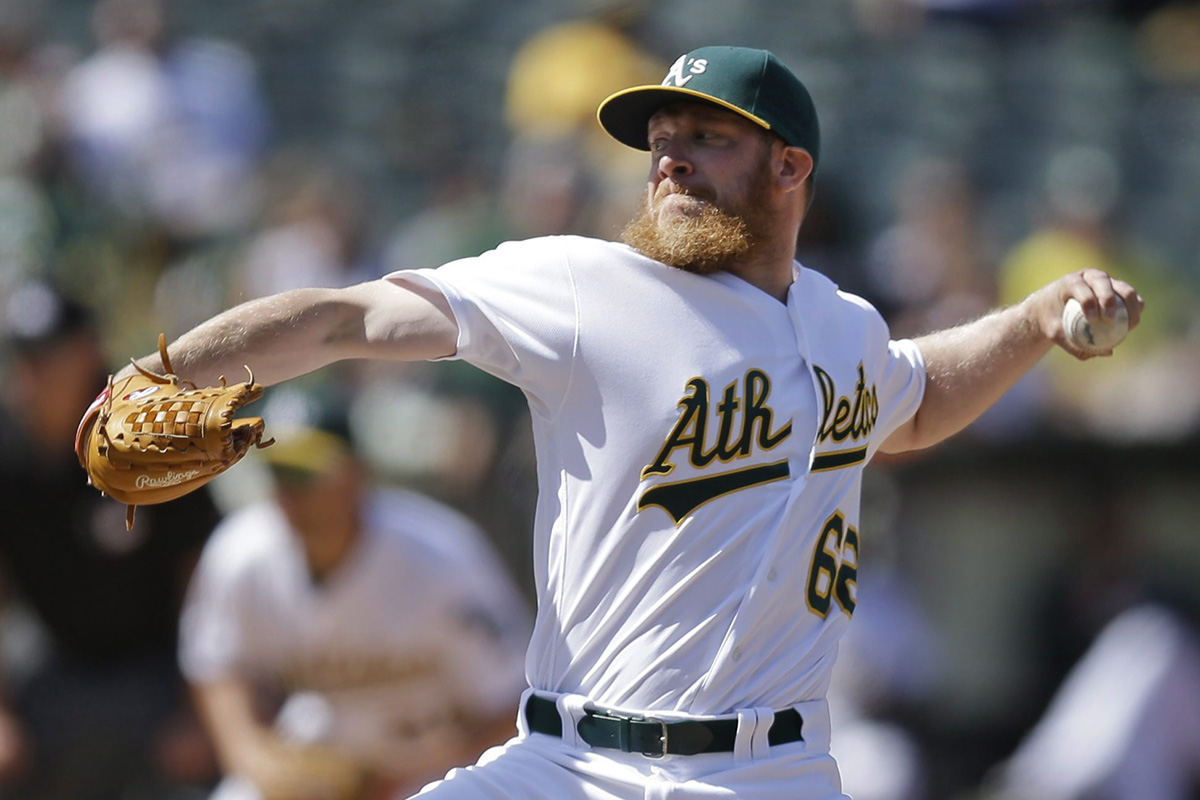 Oakland Athletics' Sean Doolittle works against the Detroit Tigers in the ninth inning of a baseball game Sunday, May 29, 2016, in Oakland, Calif. 