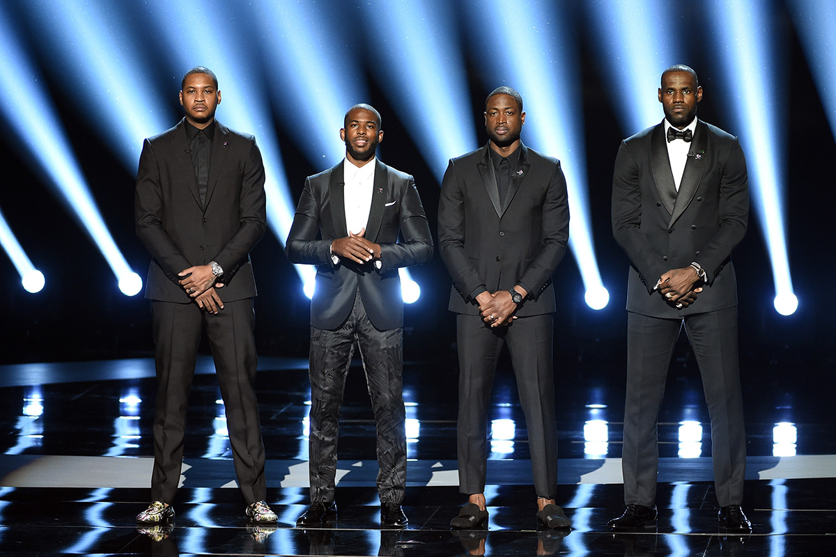 NBA players Carmelo Anthony, Chris Paul, Dwyane Wade and LeBron James speak onstage during the 2016 ESPYS at Microsoft Theater on July 13, 2016 in Los Angeles, California. 