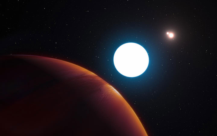 This artist's impression shows a view of the triple star system HD 131399 from close to the giant planet orbiting in the system.