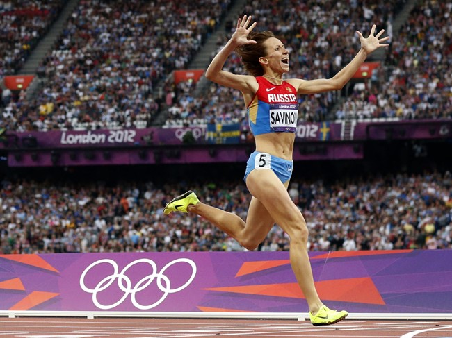 In this Aug. 11, 2012 file photo Russia's Mariya Savinova crosses the finish line to win gold in the women's 800-meter final during the athletics in the Olympic Stadium at the 2012 Summer Olympics, London. Russia lost its appeal Thursday, July 21, 2016 against the Olympic ban on its track and field athletes, a decision which could add pressure on the IOC to exclude the country entirely from next month's games in Rio de Janeiro. The Court of Arbitration for Sport rejected the appeal of 68 Russian athletes seeking to overturn the ban imposed by the IAAF following allegations of state-sponsored doping and cover-ups.