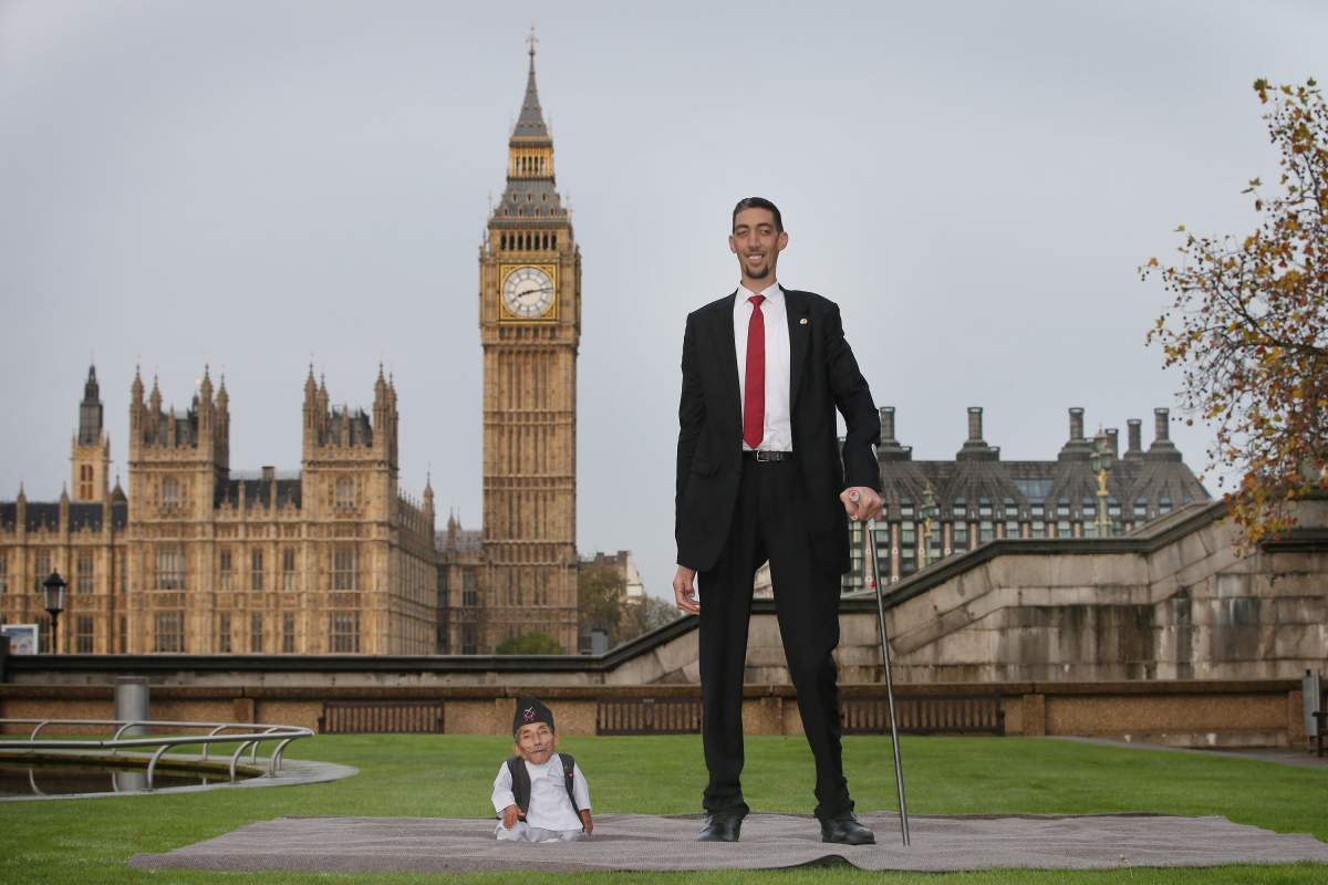 The shortest man ever, Chandra Bahadur Dangi met the world’s tallest man, Sultan Kosen, for the very first time on November 13, 2014 in London, England. Chandra from Nepal measured 54.6 cm (21.5 inches) posed for photographers with Sultan from Turkey who is 251 cm (8 ft 3 inches).