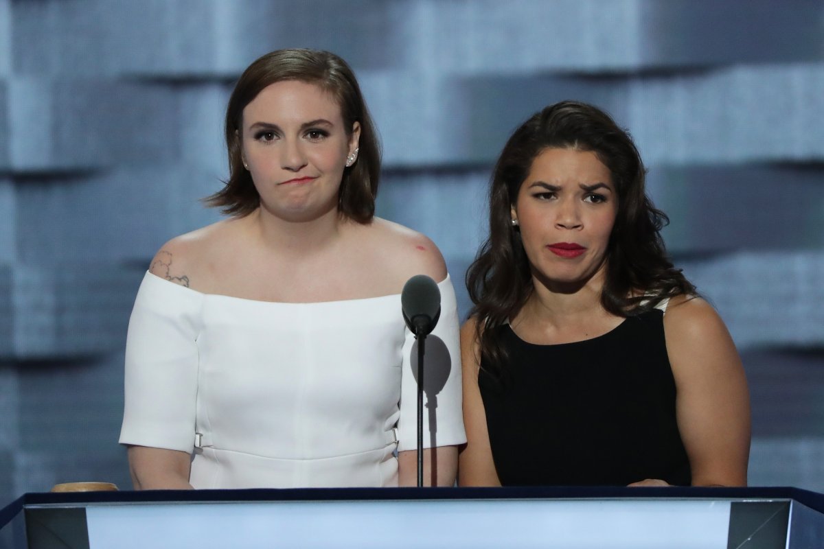 Actresses America Fererra (R) and Lena Dunham (L) deliver remarks on the second day of the Democratic National Convention at the Wells Fargo Center, July 26, 2016 in Philadelphia, Pennsylvania. 