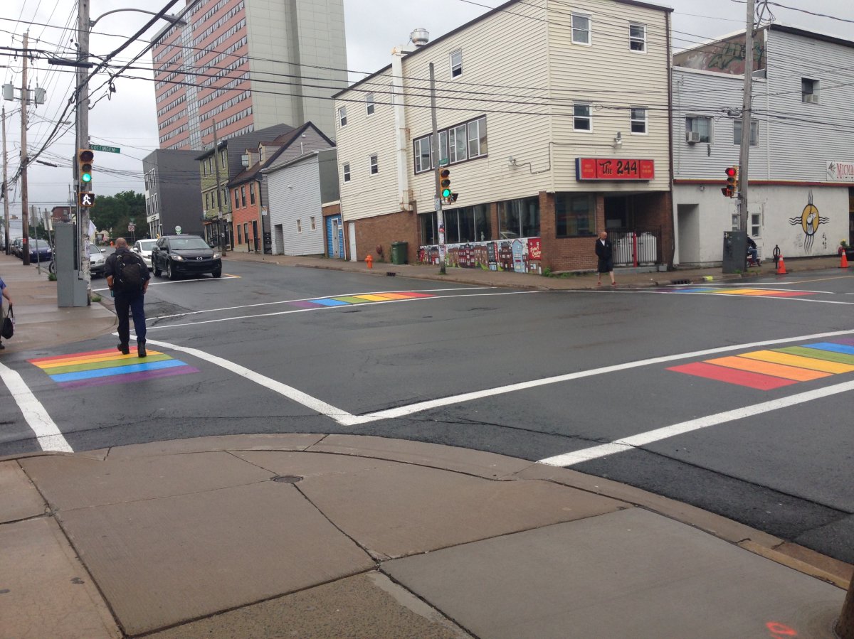 FILE - Rainbow crosswalks ring the intersection of Gottingen and Cornwallis streets in Halifax.
