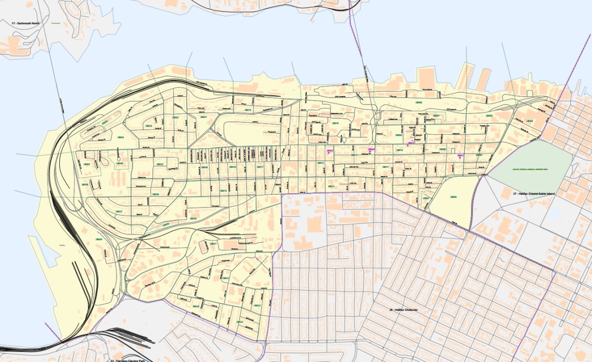 A map of the Halifax Needham electoral district (shaded in yellow) as it appeared in 2012.