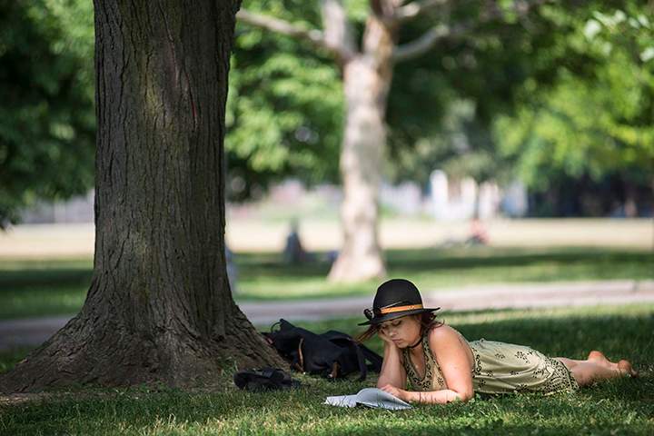 A woman reads a book in the shade during hot weather at Trinity Bellwoods Park, in Toronto on June 20, 2016. 