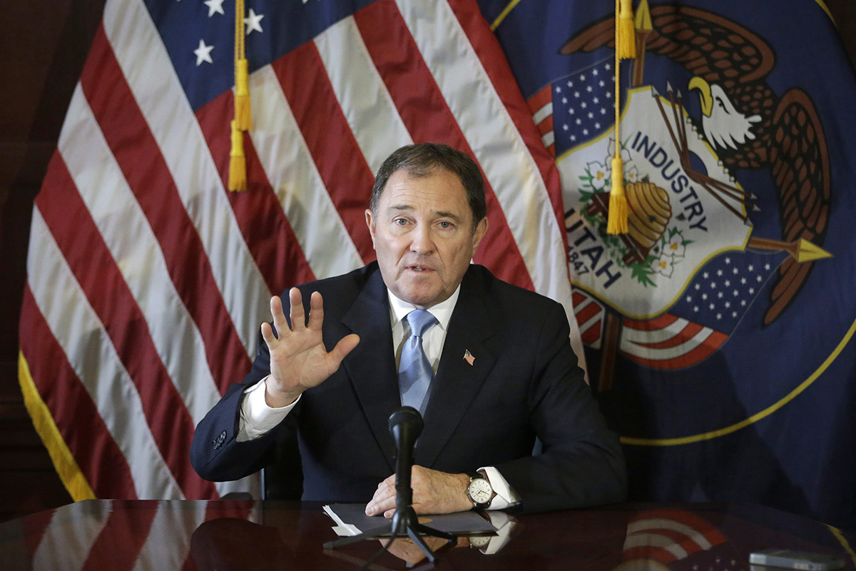 This Feb. 5, 2015, file photo, Utah Gov. Gary Herbert speaks to reporters during a news conference at the Utah State Capitol, in Salt Lake City. 