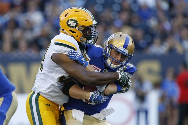 Winnipeg Blue Bombers quarterback Drew Willy gets sacked by Edmonton Eskimos' Euclid Cummings during the first half of Thursday's game. 