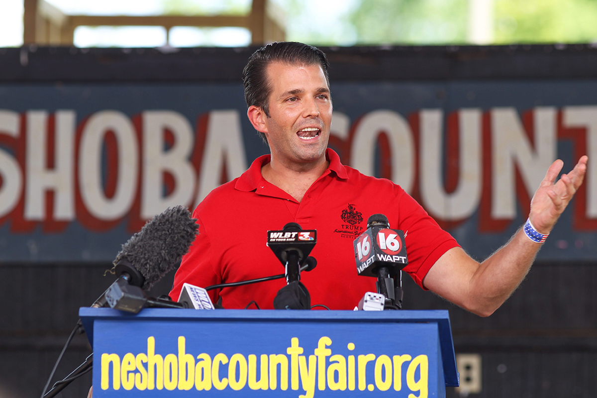 Donald Trump Jr., son of Republican presidential candidate Donald Trump, delivers a speech on behalf of his father as he campaigns at the Neshoba County Fair in Philadelphia, Miss., on Tuesday, July 26, 2016.
