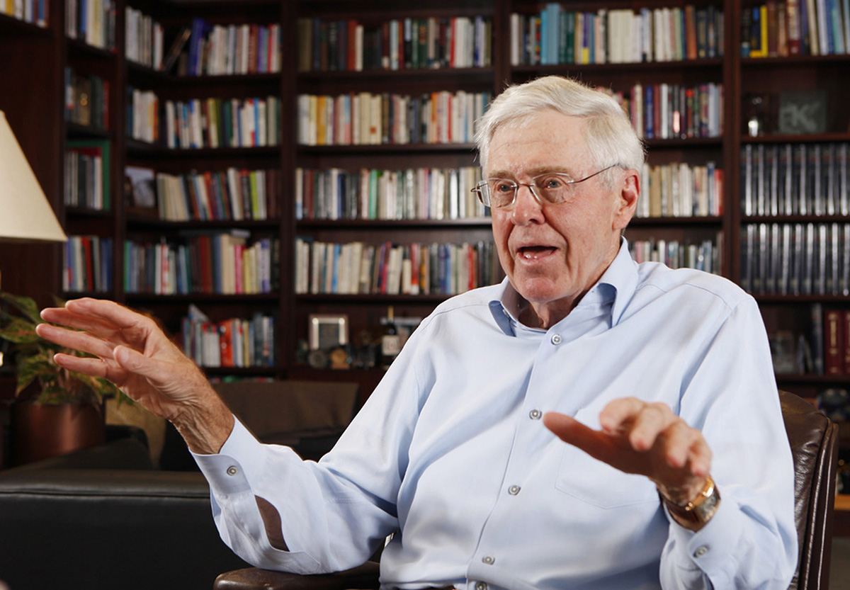 In this photo May 22, 2012 file photo, Charles Koch speaks in his office at Koch Industries in Wichita, Kansas. 