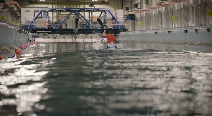 A Canadian kayaker paddling in the NRC's tow tank