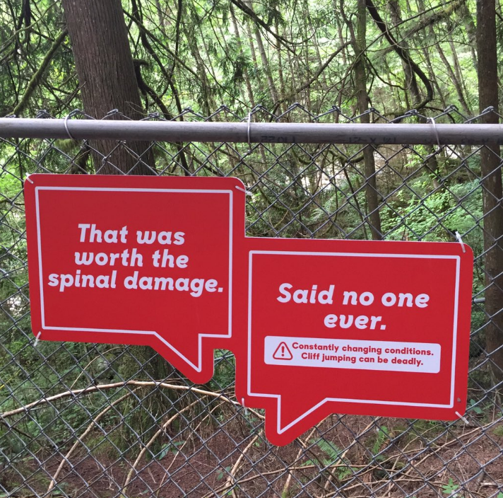 One of the signs now displayed at Lynn Canyon to deter people from jumping.