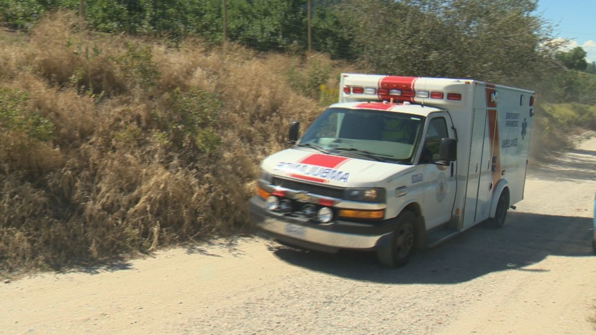 An ambulance leaving the scene where a man became stuck in an animal kill trap.