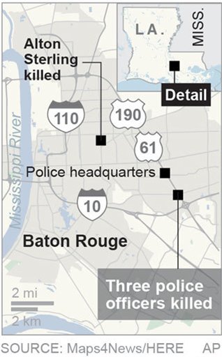 Map locates where three police officers were shot in Baton Rouge, La.; 1c x 3 inches; 46.5 mm x 76 mm;