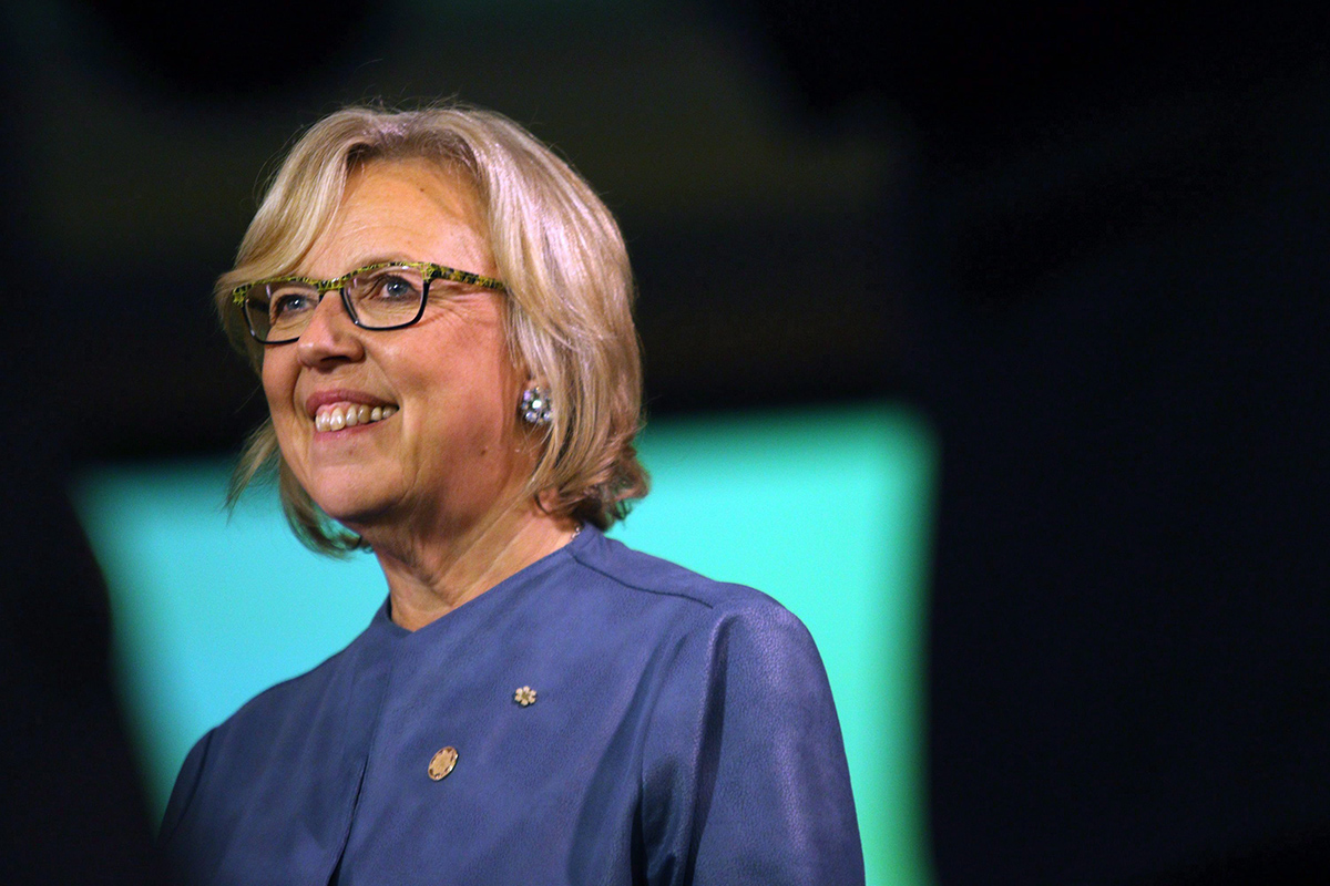 Green Party Leader Elizabeth May speaks to speaks to media on election night, October 19, 2015. May has publicly opposed the BDS movement in spite of the fact that her party now officially supports it.
