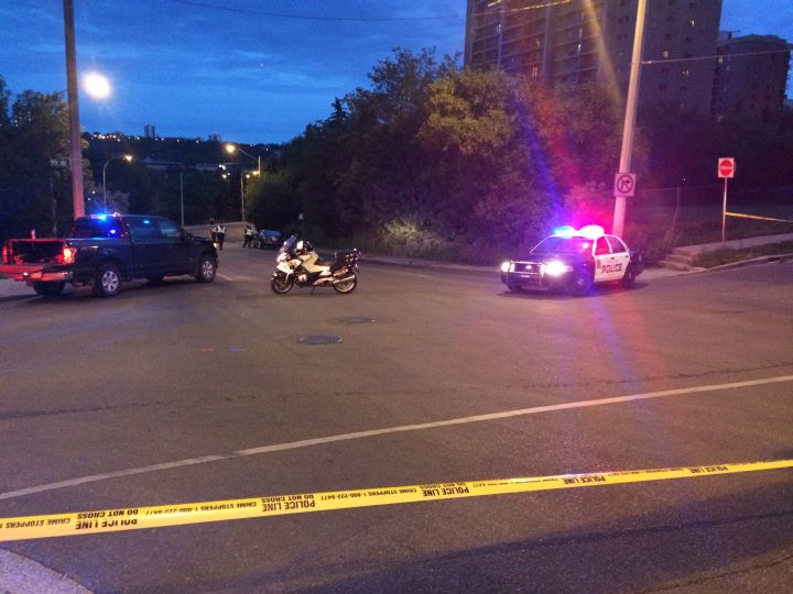 Police investigate a deadly motorcycle crash in downtown Edmonton on July 5, 2016.