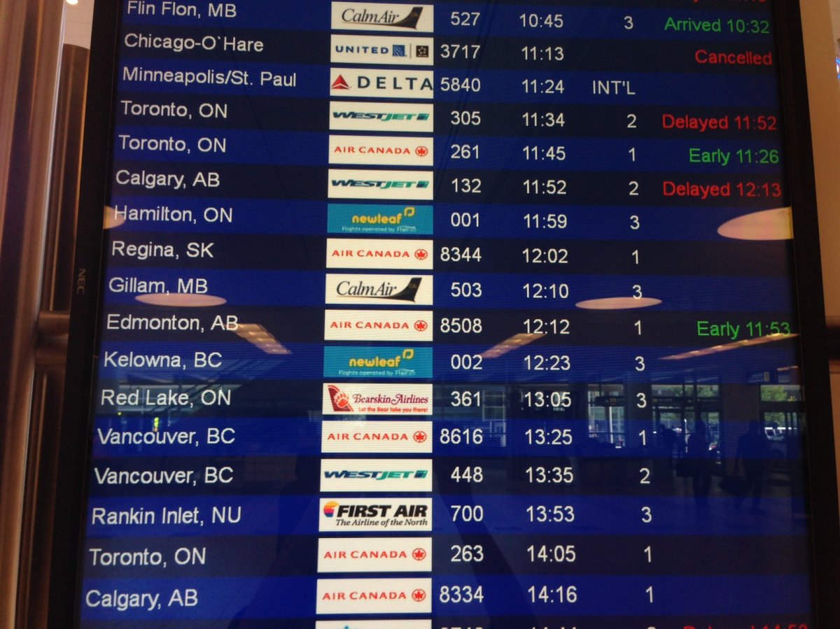 The arrivals and departures screen at the Winnipeg airport.