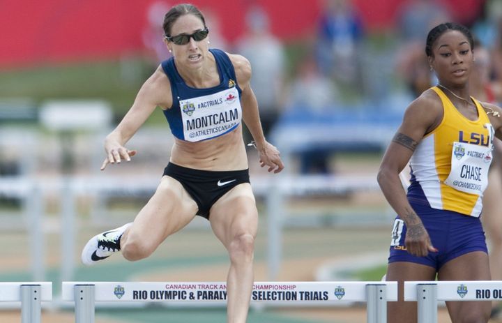 Noelle Montcalm hurdles her way to a win ahead of Chanice Chase in the senior women's 400m hurdle final at the Canadian Track and Field Championships and Selection Trials for the 2016 Summer Olympic and Paralympic Games, in Edmonton, Alta., on Friday, July 8, 2016. 