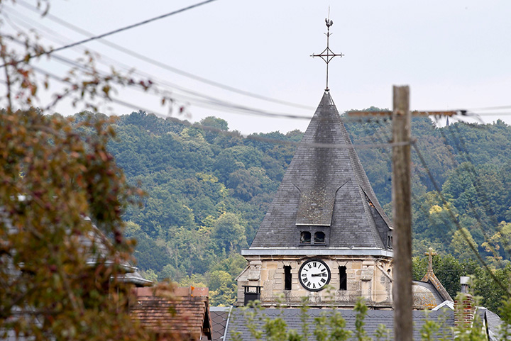The bell tower of the church is seen after a hostage-taking in Saint-Etienne-du-Rouvray near Rouen in Normandy, France on July 26, 2016.