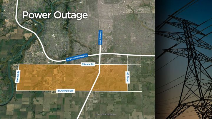 A map showing the Edmonton area where Epcor says it is working to restore power to an unknown number of customers on July 26, 2016.