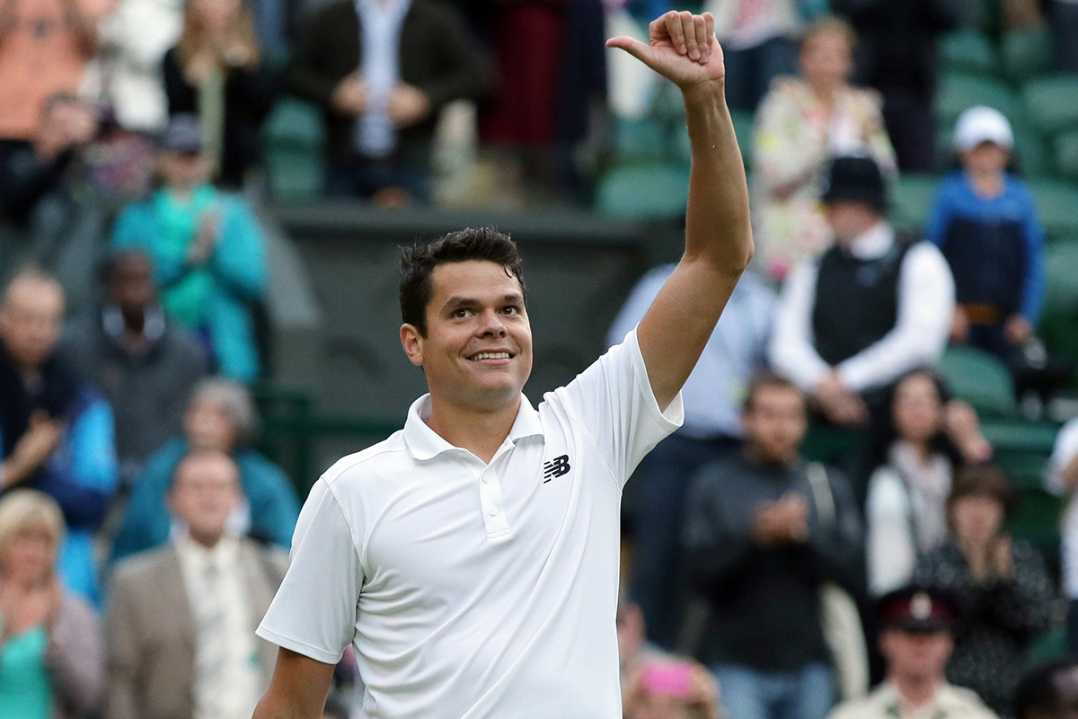 Milos Raonic of Canada celebrates after beating Jack Sock of the U.S.