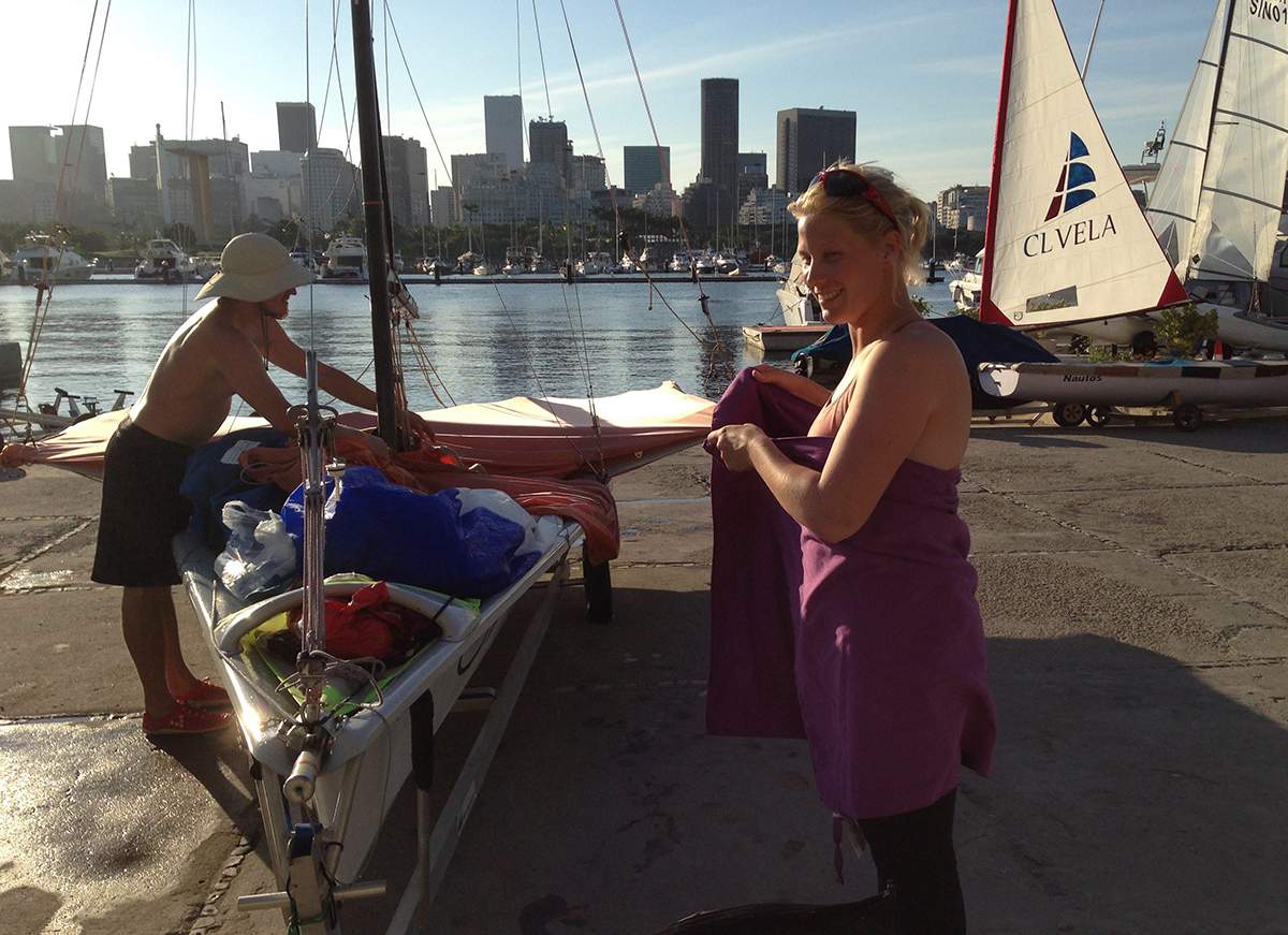 Finnish sailor Camilla Cedercreutz, dries out after training in Guanabara Bay, Rio de Janeiro, Brazil, Monday, July 4, 2016. 