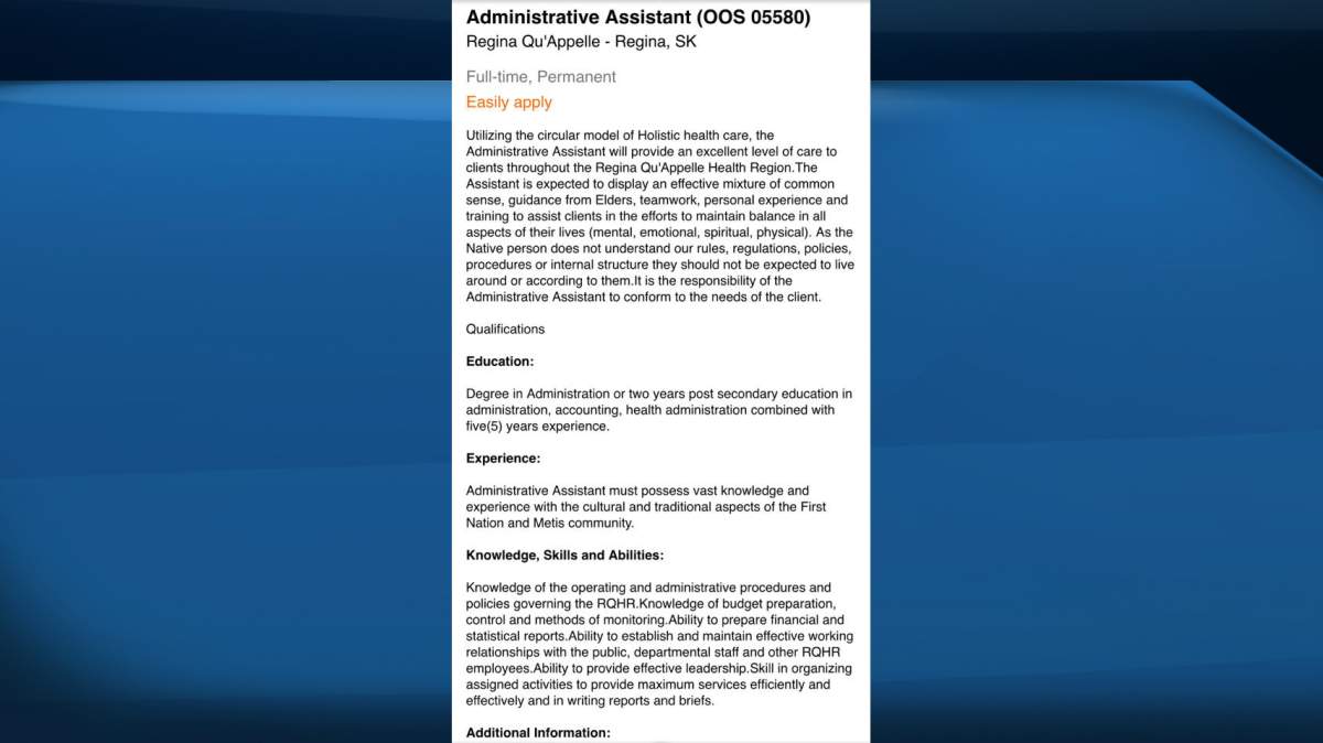 The Regina Qu'Appelle Health Region's job ad for an administrative assistant, as seen on Facebook.