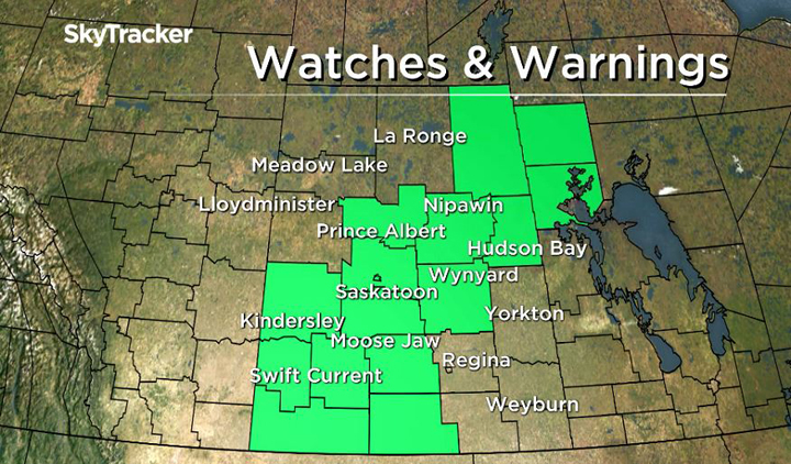 Environment Canada has updated a rainfall warning for Saskatoon and area, extending down to the U.S. border.