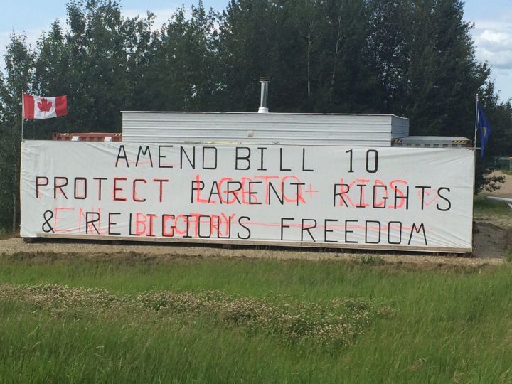 A political sign put up by the New Testament Baptist Church in Spruce Grove was vandalized last week. July 5, 2016.