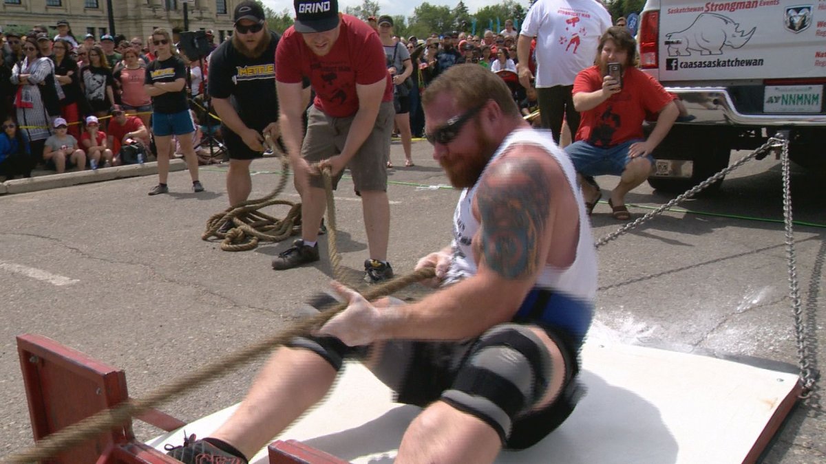 Scott Cummine pulls a semi in the Western Canada's Strongest Man Competition. 