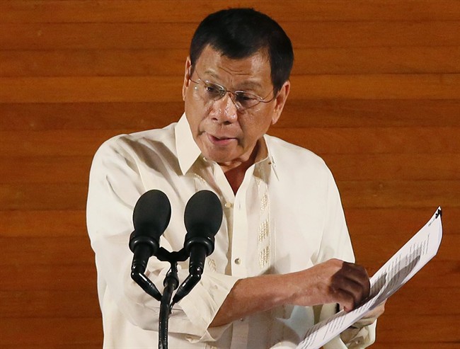 In this Monday, July 25, 2016 file photo, Philippine President Rodrigo Duterte delivers his first State of the Nation Address.