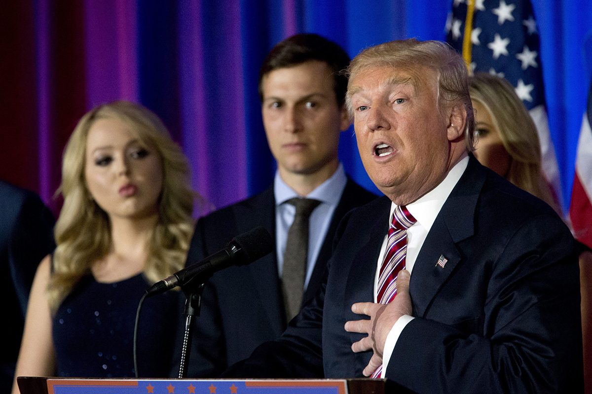 Republican presidential candidate Donald Trump is joined by his daughter Tiffany, left, and son-in-law Jared Kushner as he speaks during a news conference at the Trump National Golf Club Westchester, Tuesday, June 7, 2016, in Briarcliff Manor, N.Y.
