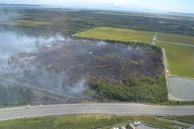 FILE PHOTO: Smoke rises from the site of a wildfire burning in Burns Bog, in Delta, B.C., is seen from the air in this July 4, 2016, .
