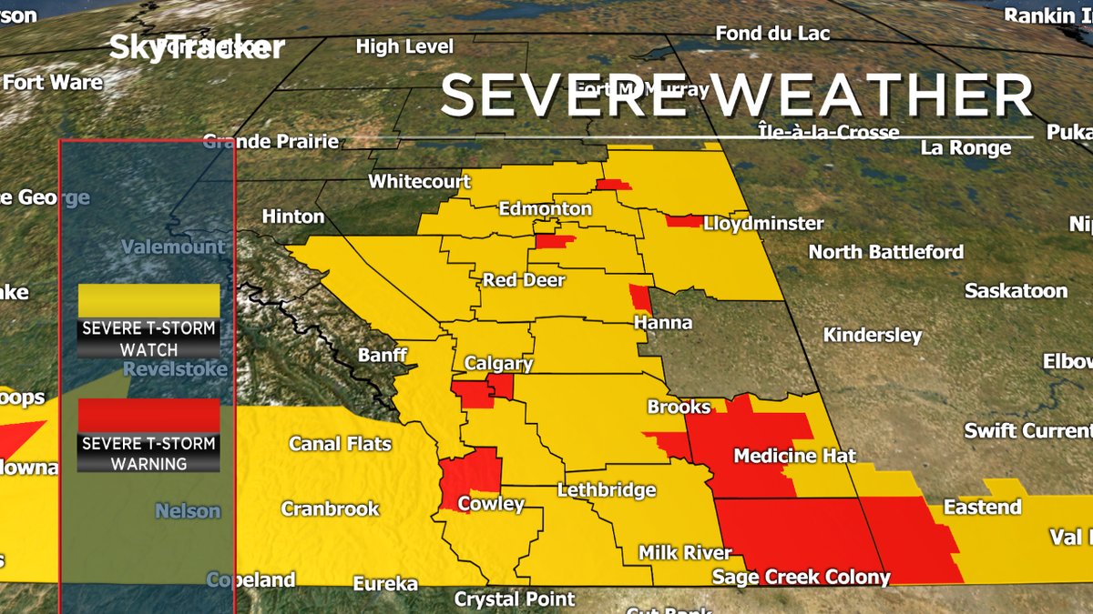 A map showing warnings and watches across central Alberta on July 26, 2016.