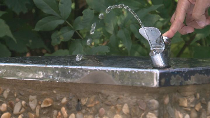 A public water fountain in Hawrelak Park is shown.