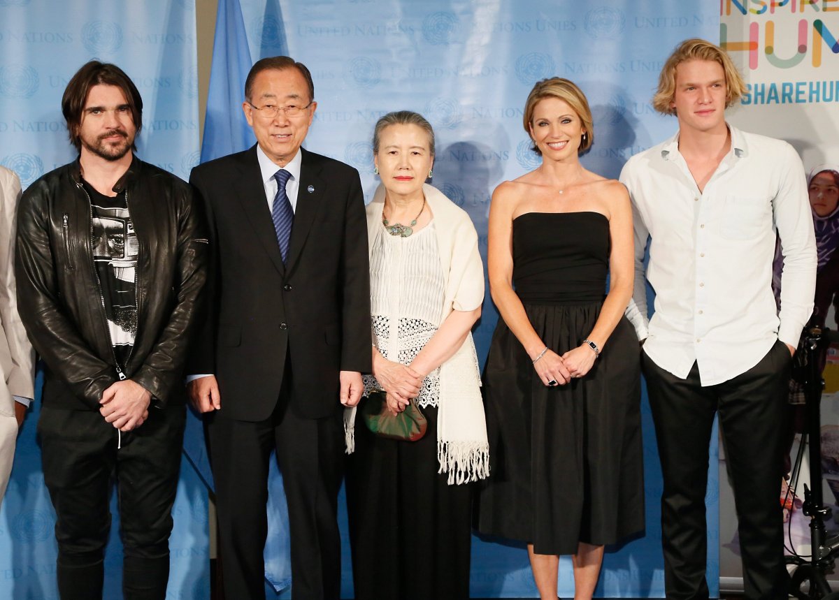 Pictured from left to right, Colombian music superstar Juanes, United Nations Secretary General Ban Ki-moon and his wife Ban Soon-taek, Good Morning America anchor Amy Robach, and Australian singer/songwriter Cody Simpson, at the #ShareHumanity event, celebrating World Humanitarian Day at the United Nations in New York, Tuesday, August 18, 2015. 