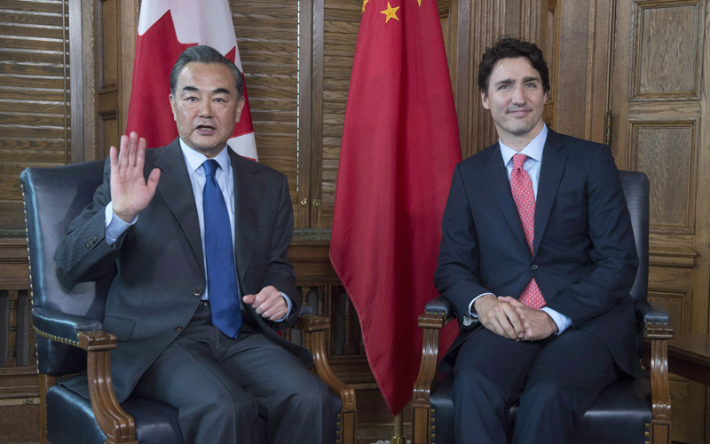 Prime Minister Justin Trudeau meets with Chinese Foreign Minister Wang Yi on Parliament Hill in Ottawa, Wednesday June 1, 2016. 
