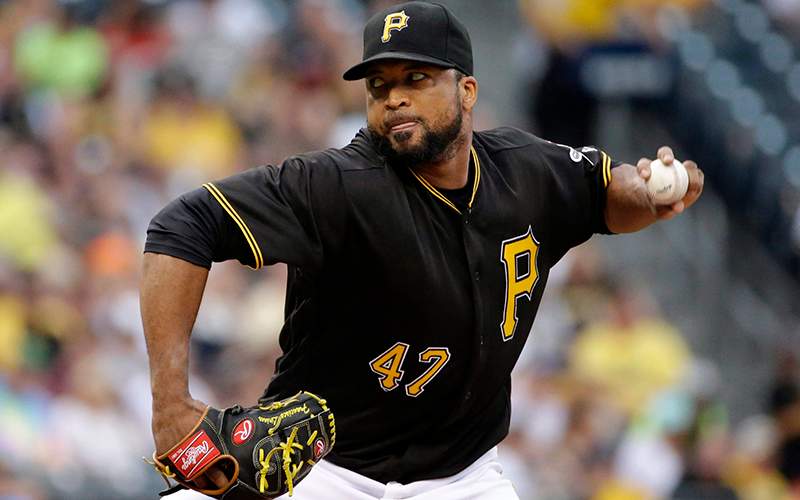 Pittsburgh Pirates starting pitcher Francisco Liriano winds up during the first inning of a baseball game against the Seattle Mariners in Pittsburgh, Tuesday, July 26, 2016. 