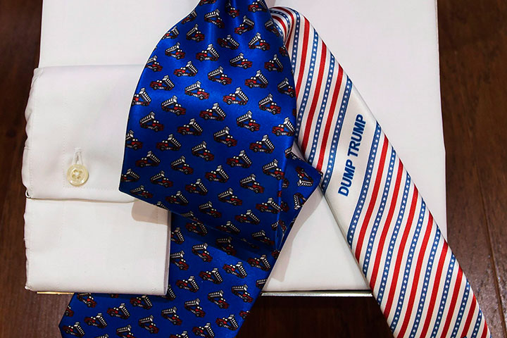 "Dump Trump" ties are shown in Toronto on Friday, August 5, 2016. Galvanized by public outrage over Donald Trump's divisive U.S. presidential campaign, a Toronto clothier is launching a series of "Dump Trump" ties - with plans to donate all proceeds to charity, including one chosen by the Gold Star family of fallen Muslim American soldier Humayun Khan.