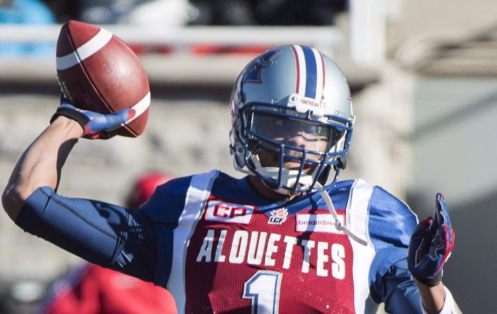 New Saskatchewan Roughriders quarterback Brandon Bridge throws a pass during first half CFL football action when he still played for the Montreal Alouettes.