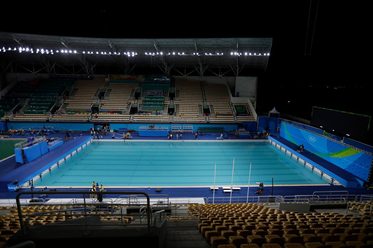 The pool in the Lenk Aquatic Center where the 2016 Summer Olympics synchronized swimming competition is photographed as the draining process starts on Saturday, Aug. 13, 2016 in Rio de Janeiro, Brazil. Olympic officials gave up on cleaning the green-tinged water in one of the pools at the Maria Lenk Aquatics Center. Instead, they began draining it Saturday and planned to transfer nearly 1 million gallons of clear water from a nearby practice pool in time for the start of synchronized swimming. 