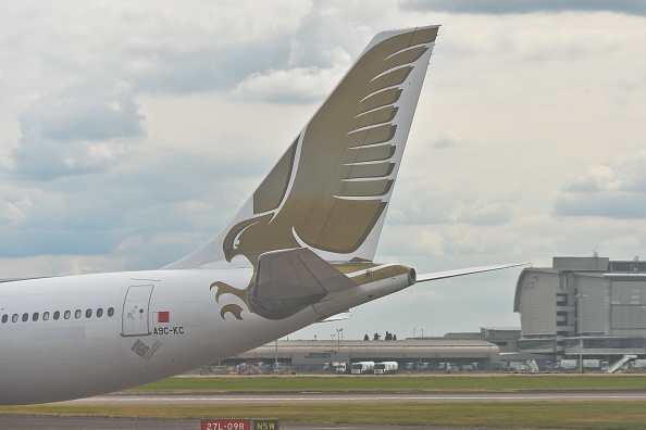 A view of Gulf Air plane, the principal flag carrier of Bahrain at London Heathrow Airport. 
On Thursday, 21 July 2016, in Heatrow, United Kingdom.