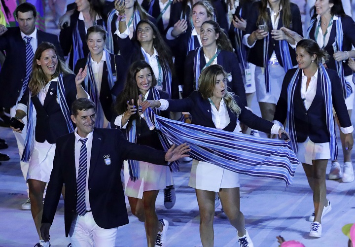 Team Argentina arrives during the opening ceremony for the 2016 Summer Olympics in Rio de Janeiro, Brazil, Friday, Aug. 5, 2016.