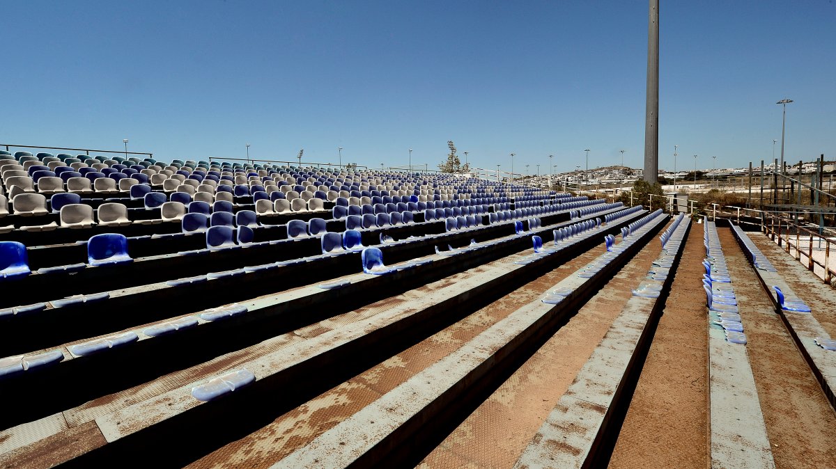 Inside the abandoned baseball stadium which was left derelict for