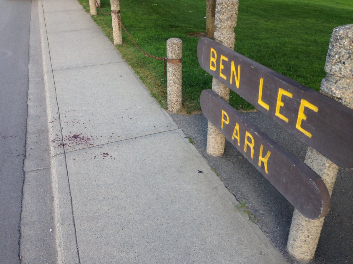 Blood stains remain on the sidewalks beside Ben Lee Park in Kelowna following the report of a brutal assault Monday morning. 