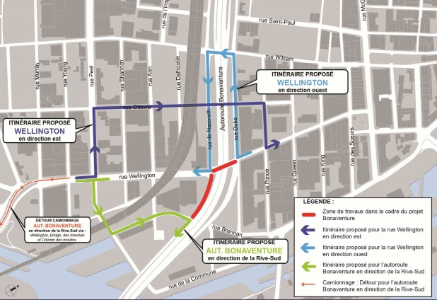 City officials are proposing an alternate route around Wellington Street as city crews demolish the Bonaventure Expressway. Saturday, Aug. 27, 2016. Map courtesy of City of Montreal