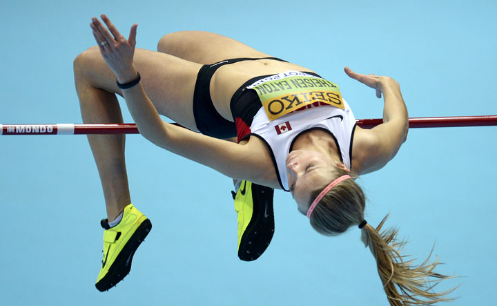 Canada's Brianne Theisen Eaton competes in women's pentathlon high jump group A at the IAAF World Indoor Athletics Championships in the Ergo Arena in the Polish coastal town of Sopot, on March 7, 2014.
