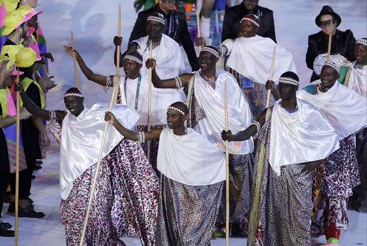 Team Burundi arrives during the opening ceremony for the 2016 Summer Olympics in Rio de Janeiro, Brazil, Friday, Aug. 5, 2016.