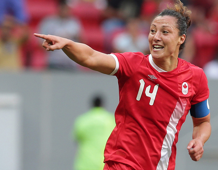 Canada’s Melissa Tancredi celebrates after scoring during a Group F match of the women’s Olympic football tournament between Germany and Canada at the National Stadium, in Brasilia, Brazil, Tuesday, Aug. 9, 2016.