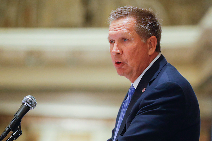 Ohio Gov. John Kasich speaks at the Regional Judicial Opioid Initiative opening summit, Thursday, Aug. 25, 2016, in Cincinnati. Accidental drug overdoses killed 3,050 people in Ohio last year, an average of eight per day, as deaths blamed on the powerful painkiller fentanyl again rose sharply and pushed the total overdose fatalities to a record high, the state reported Thursday. 