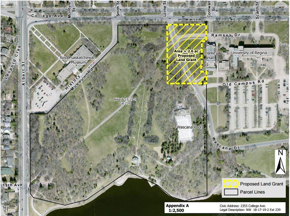 A map showing the parcel of land in Wascana park that is being transferred to the University of Regina.